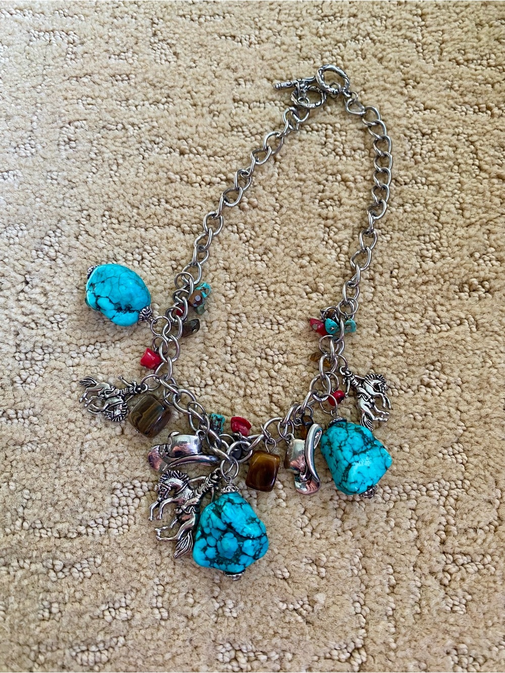Turquoise Charm Statement Necklace - Silver Chain